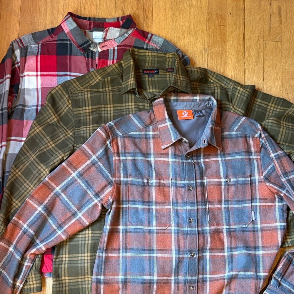 BUNDLE - Men’s Large Plaid Button Down Shirts - Merrell, Wolverine, Columbia